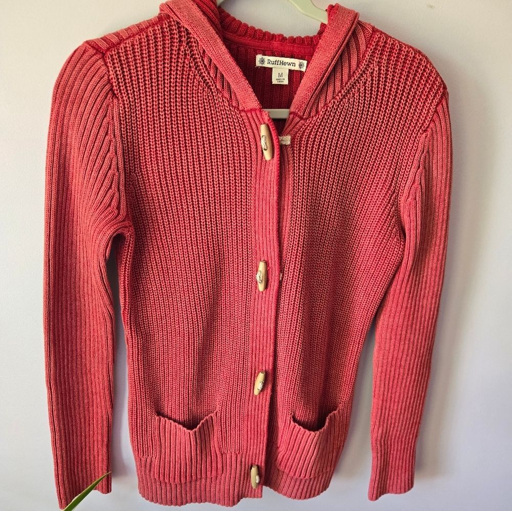 RuffHewn Red Toggle Hooded Cardigan Sweater 100% Cotton Medium